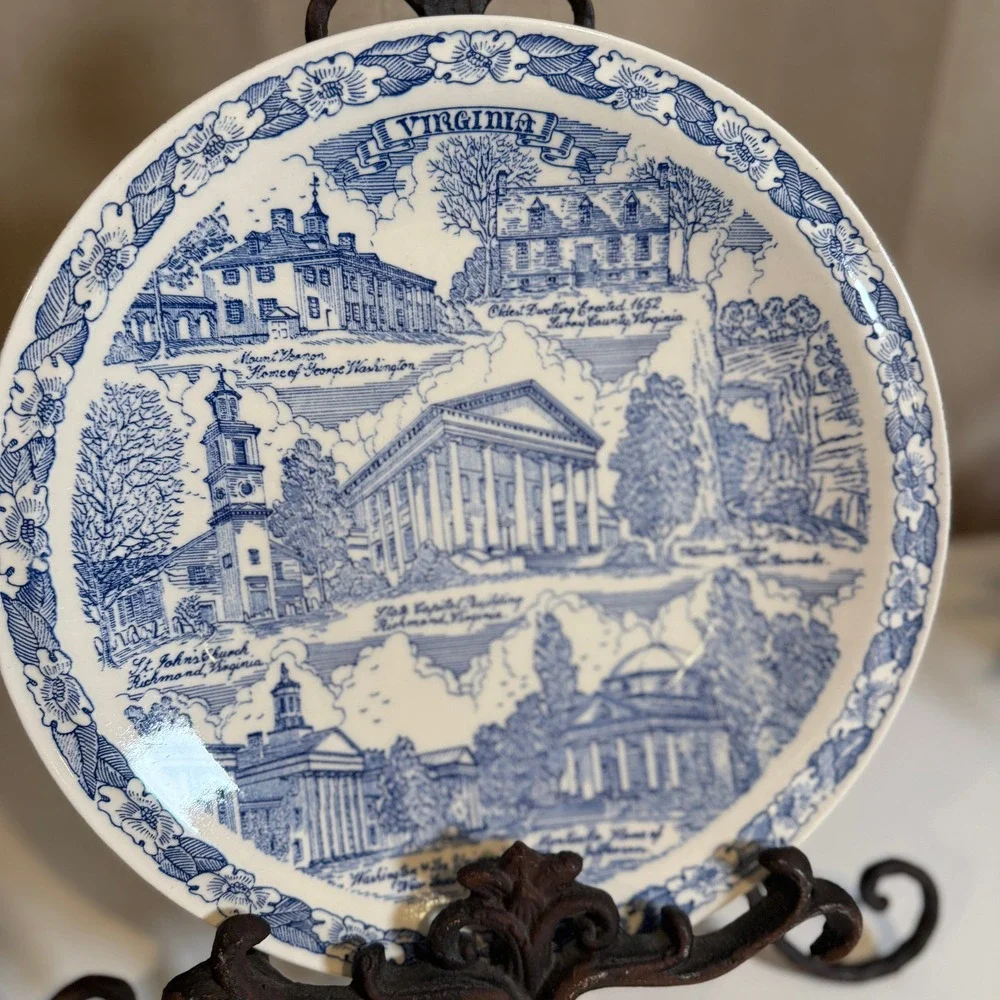 Vernon Kilns Virginia State Souvenir Plate Blue White Transferware Landmarks